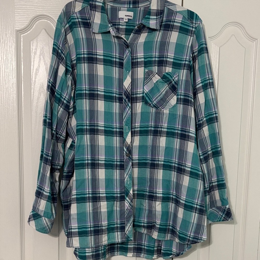 Sonoma Plaid Flannel Shirt in Blue, Green, and Purple